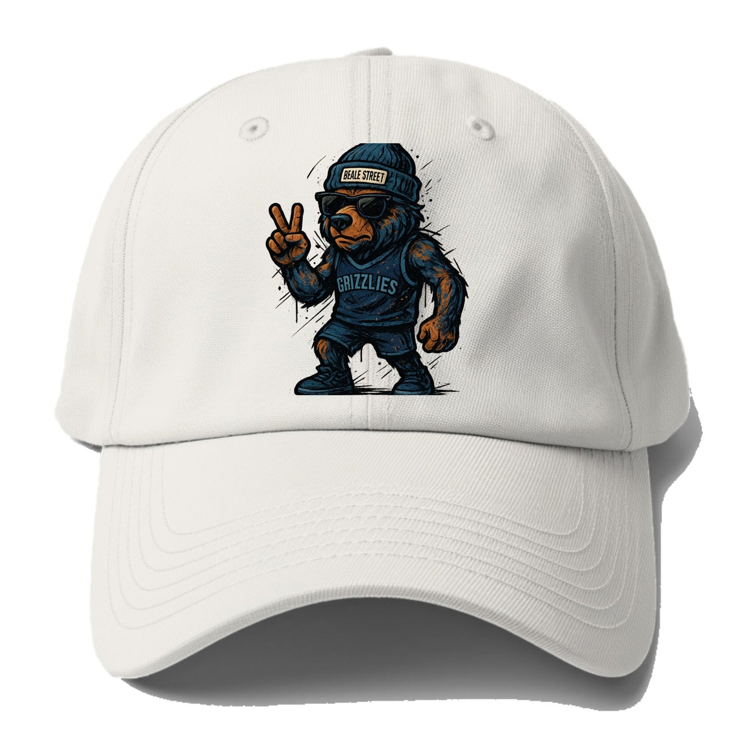 Memphis Grizzly Bear wearing Grizzlies navy and light blue beanie with Beale Street - Baseball Cap - Off White