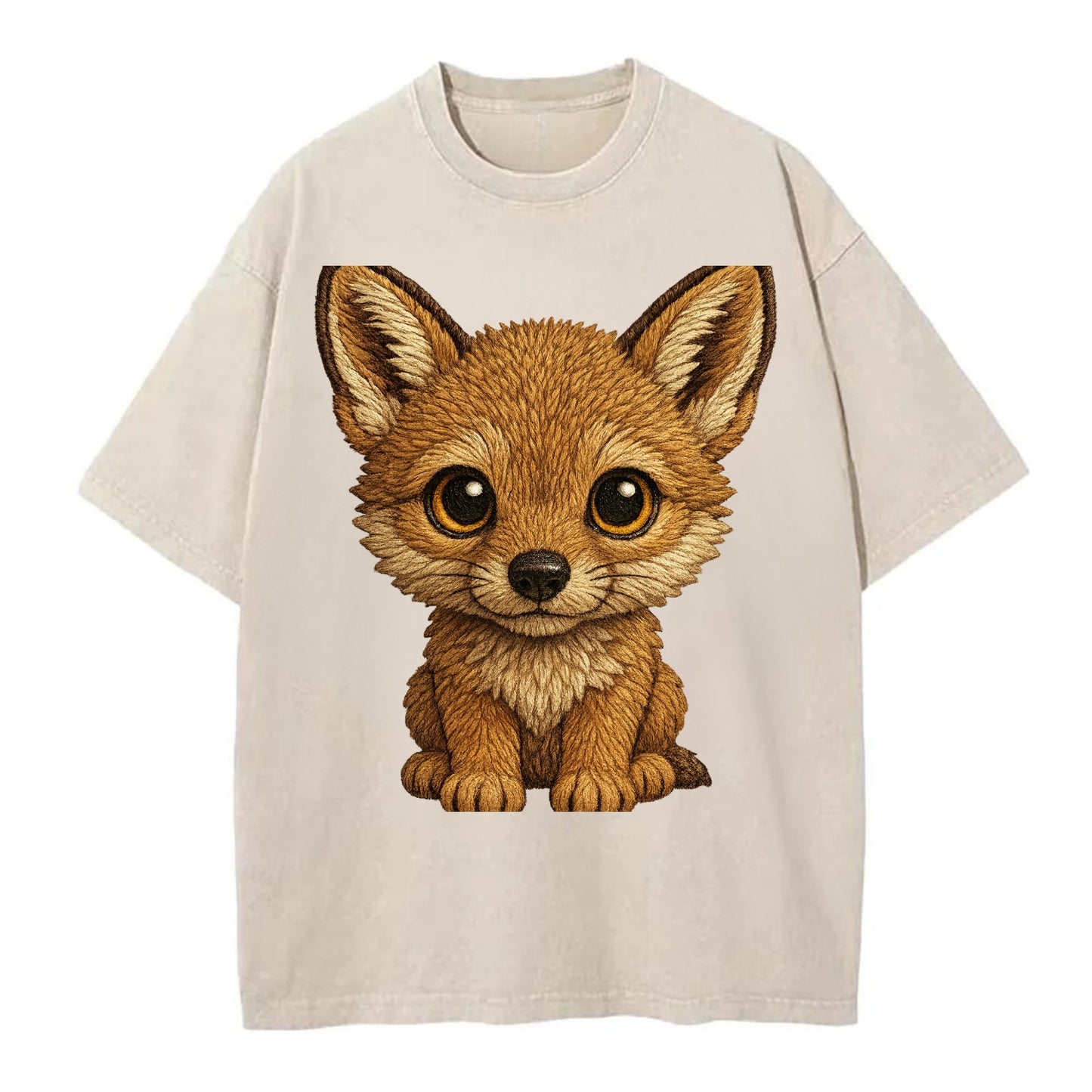 Baby Coyote Pup - tan fur, large ears, golden eyes, front-facing, clever baby - Vintage T-shirt - Off White