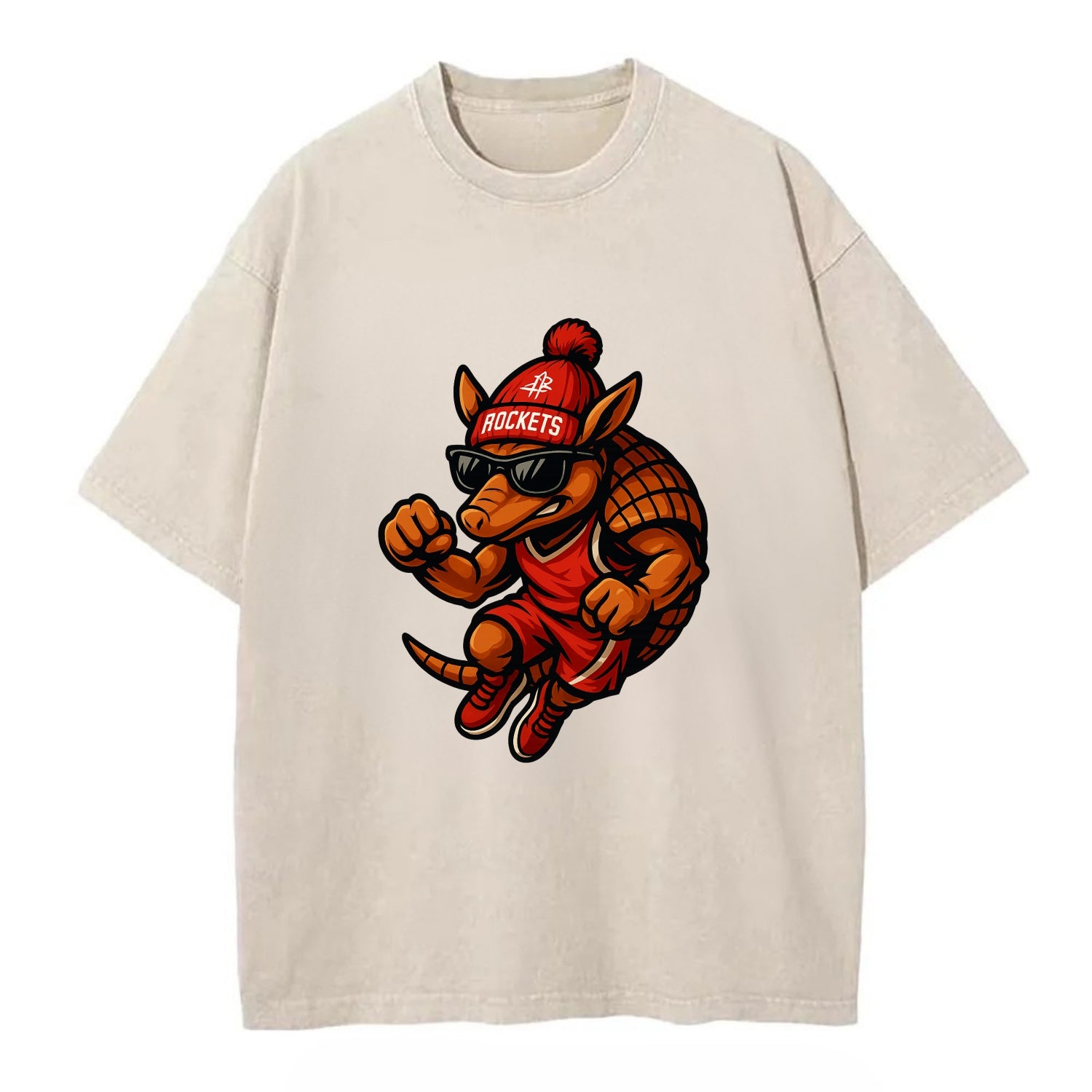 Houston Armadillo wearing Rockets red and silver beanie with rocket ship and - Vintage T-shirt - Off White