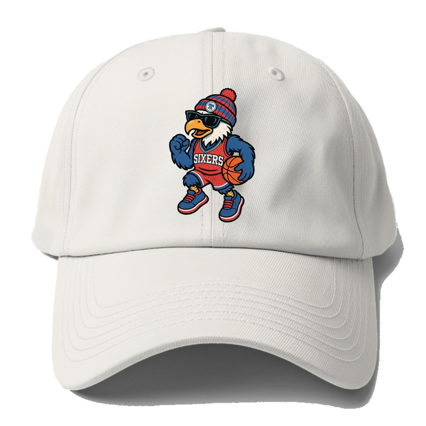 Philadelphia Eagle wearing 76ers red white and blue beanie with bell - Baseball Cap For Big Heads - Off White