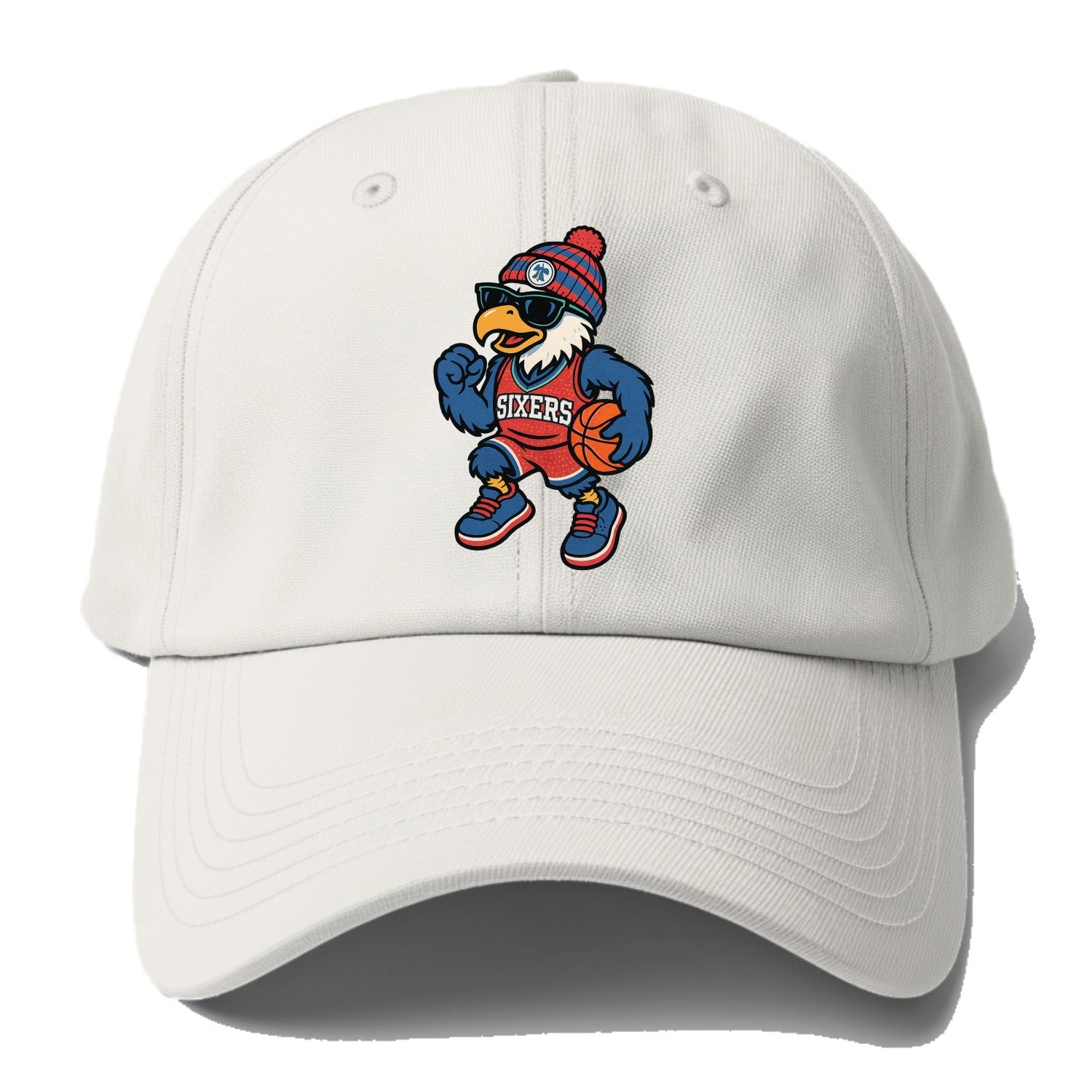 Philadelphia Eagle wearing 76ers red white and blue beanie with bell - Baseball Cap For Big Heads - Off White