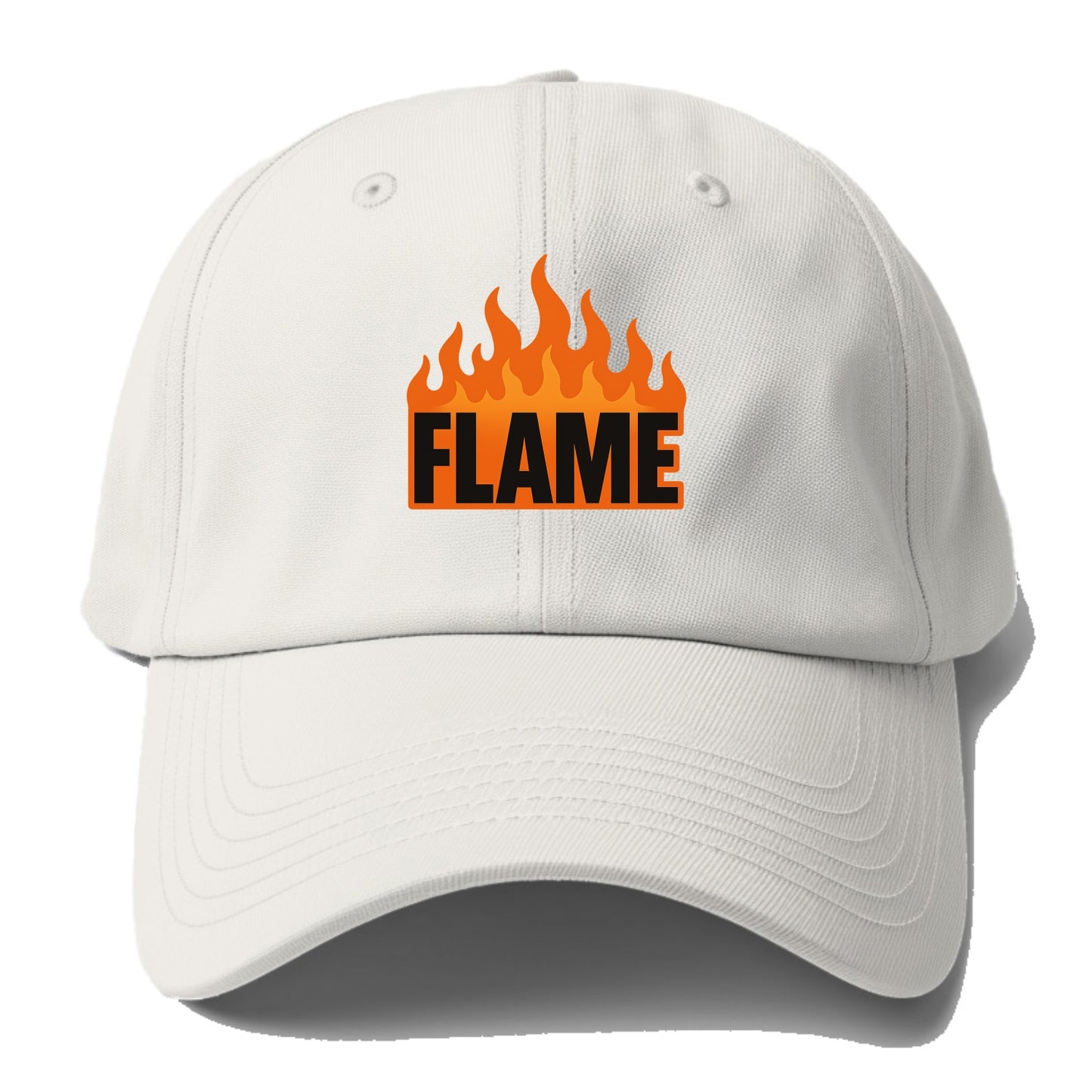 Bold typography design - "FLAME" - burning bright, passionate - Baseball Cap - Off White