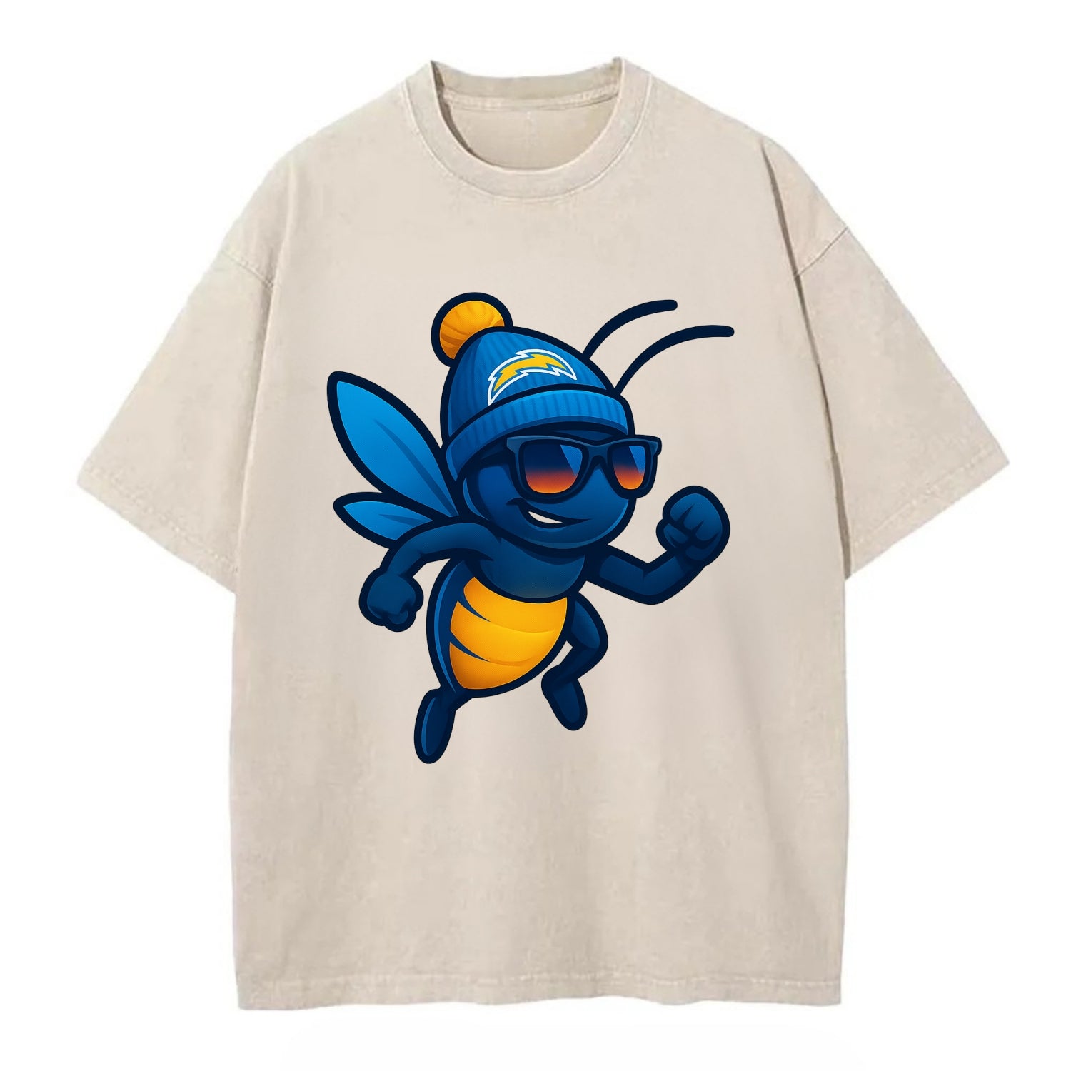 LA Lightning Bug wearing Chargers powder blue and gold beanie with pom pom and - Vintage T-shirt - Off White