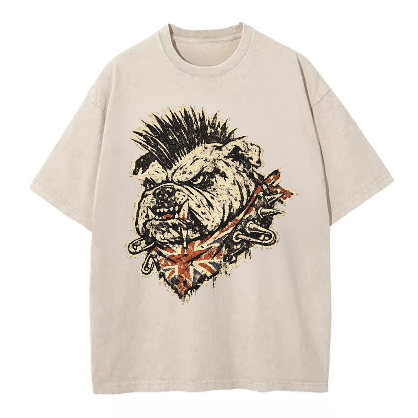 PUNK BULLDOG | British bulldog with mohawk | Safety pins through collar | Union - Vintage T-shirt - Off White