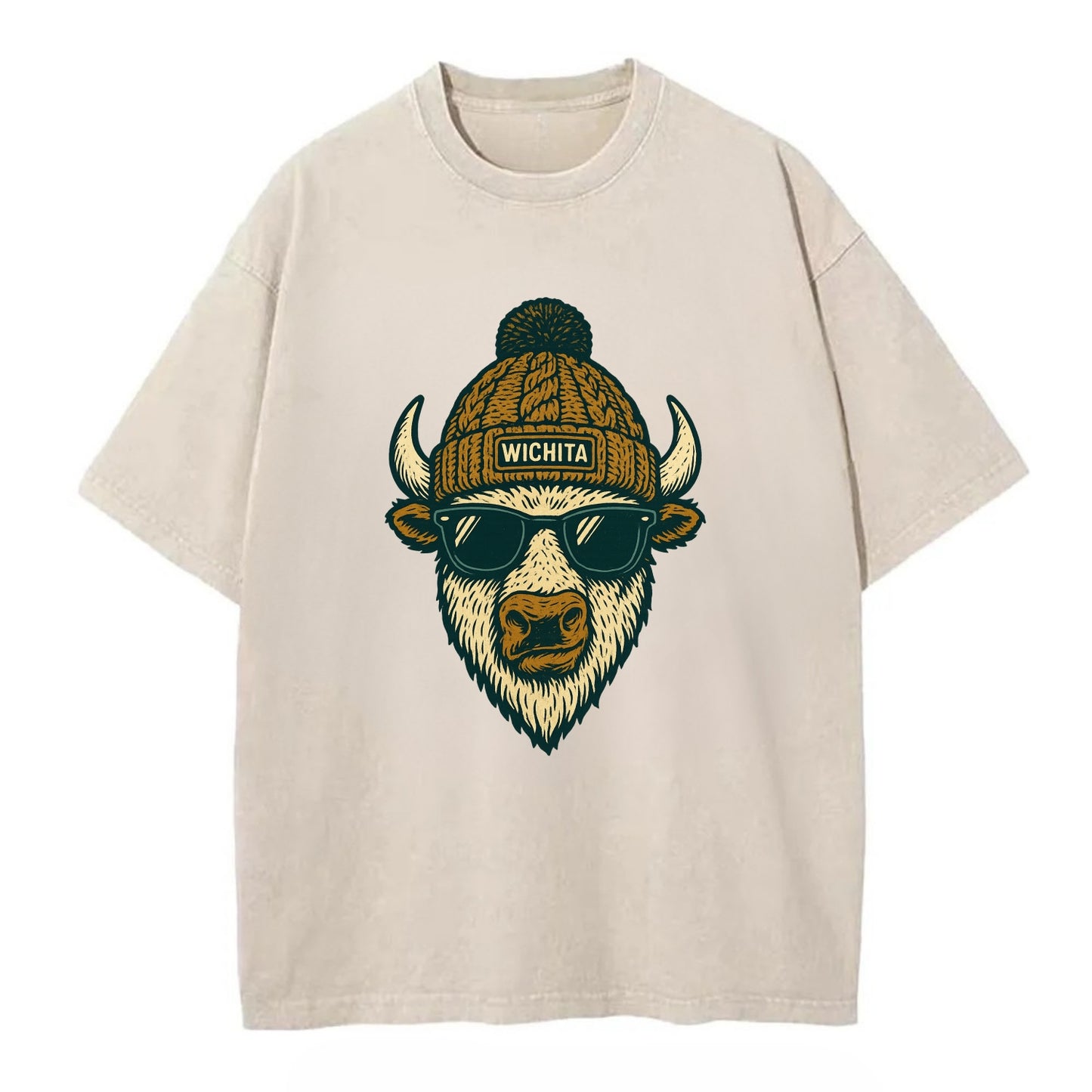Kansas American Bison wearing Wichita beanie with pom pom and wayfarer sunglasses - Vintage T-shirt - Off White