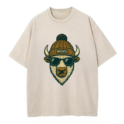 Kansas American Bison wearing Wichita beanie with pom pom and wayfarer sunglasses - Vintage T-shirt - Off White