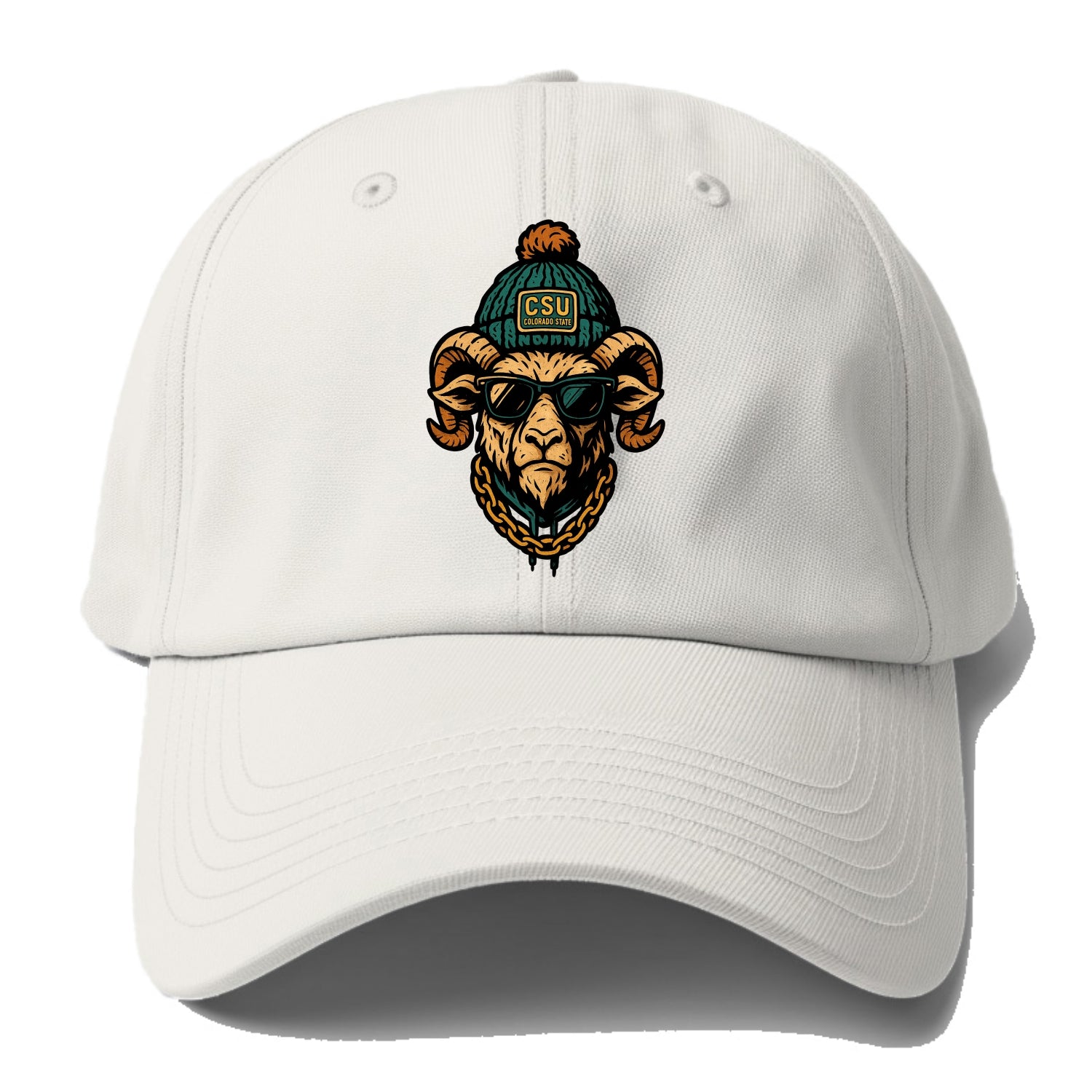 Fort Collins Ram wearing Colorado State beanie with CSU patch - Baseball Cap For Big Heads - Off White