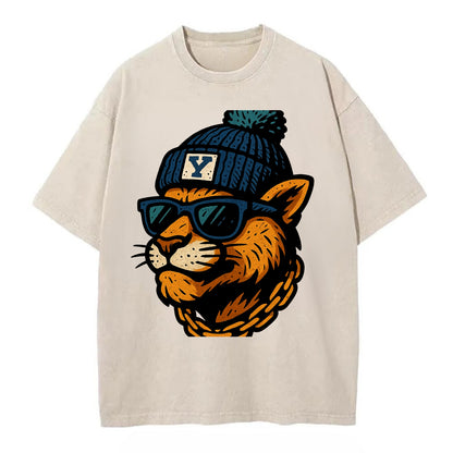Provo Cougar wearing BYU beanie with Y patch - Vintage T-shirt - Off White