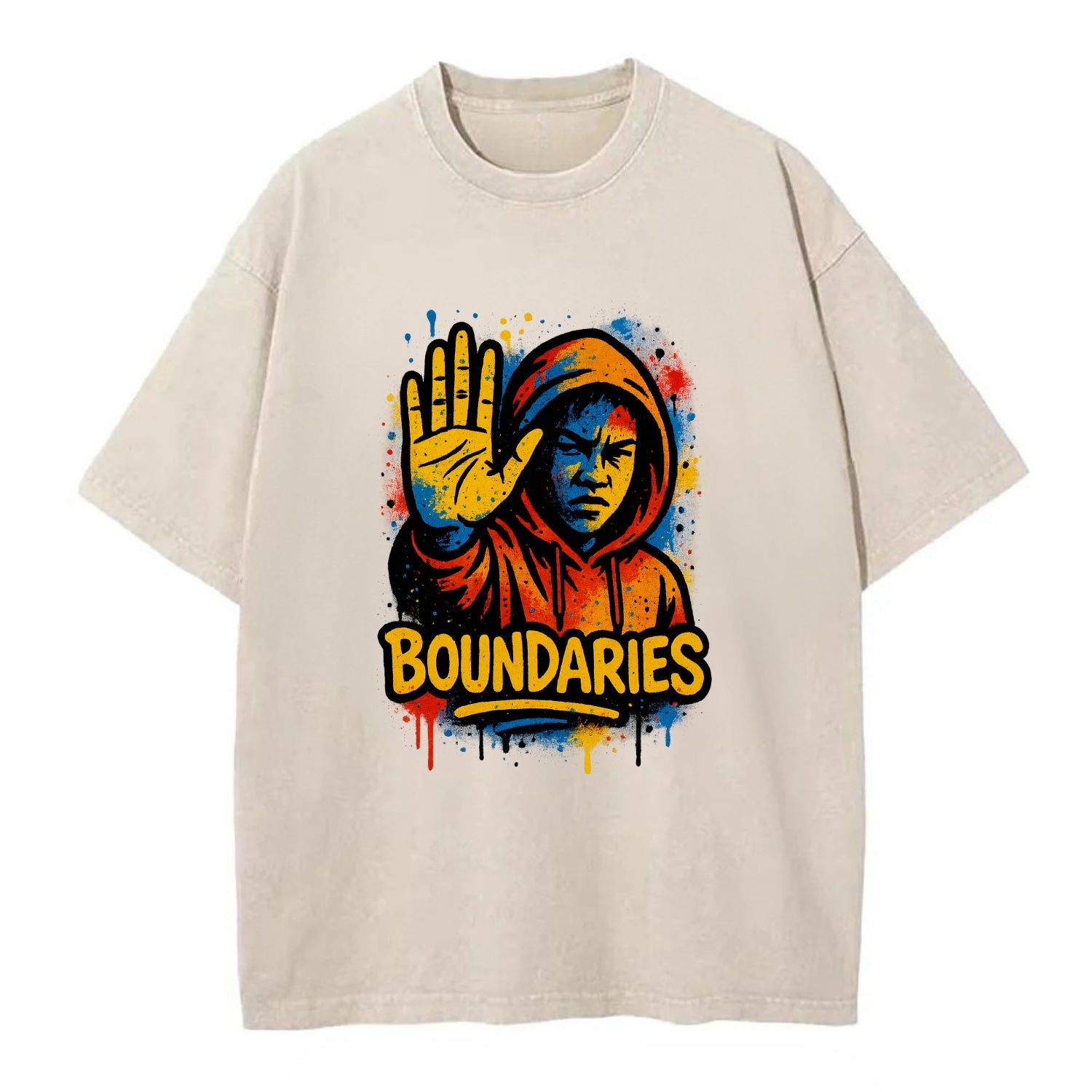Person holding up hand in "stop" gesture - setting boundaries concept, - Vintage T-shirt - Off White