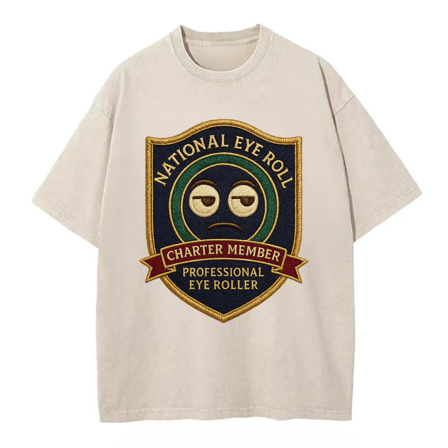 Crest with eye roll icon - "National Eye Roll Association - Charter Member" - - Vintage T-shirt - Off White