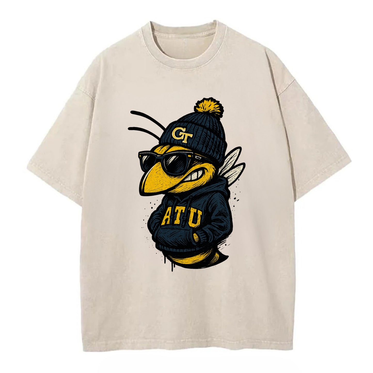 Atlanta Yellow Jacket wearing Georgia Tech beanie with GT patch - Vintage T-shirt - Off White
