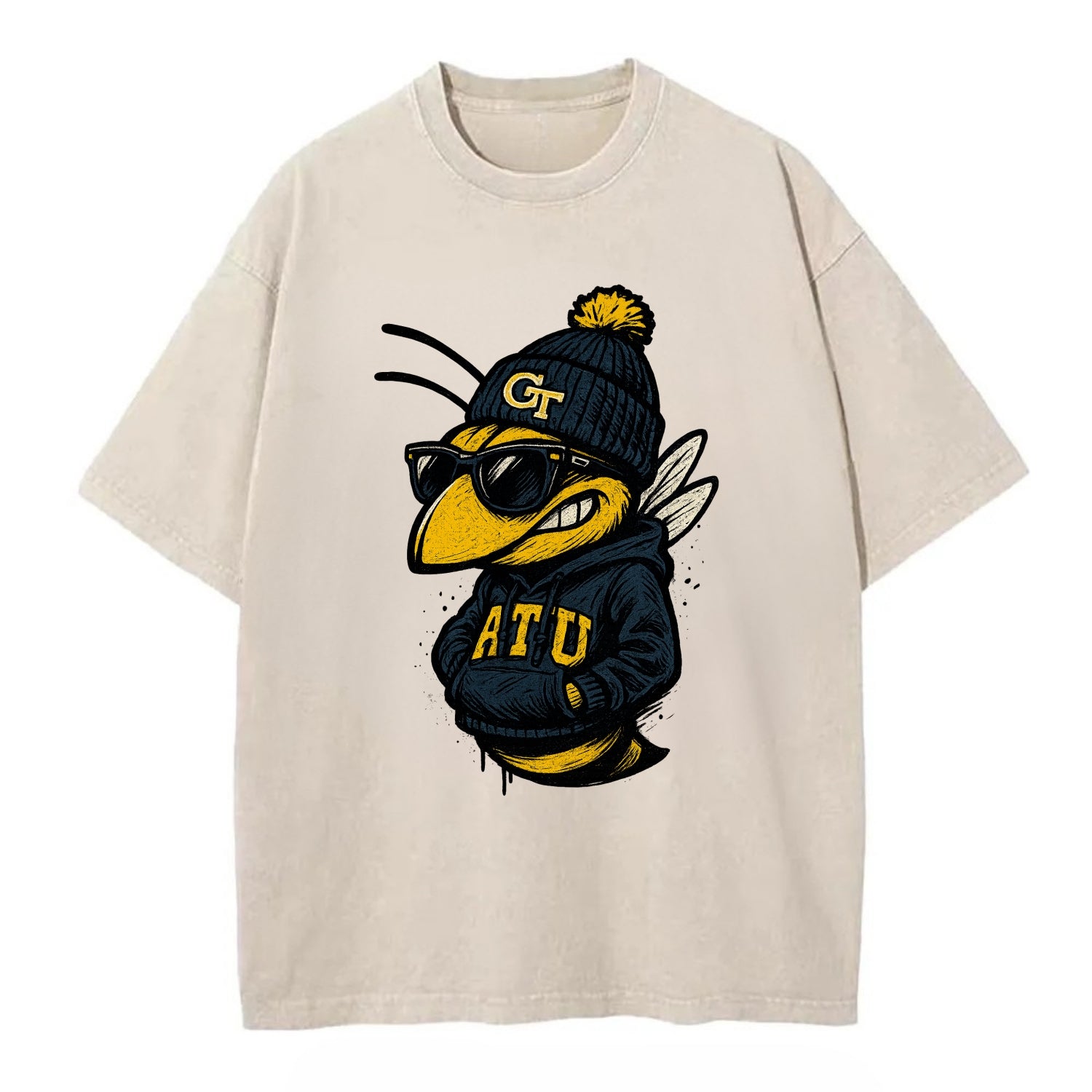 Atlanta Yellow Jacket wearing Georgia Tech beanie with GT patch - Vintage T-shirt - Off White