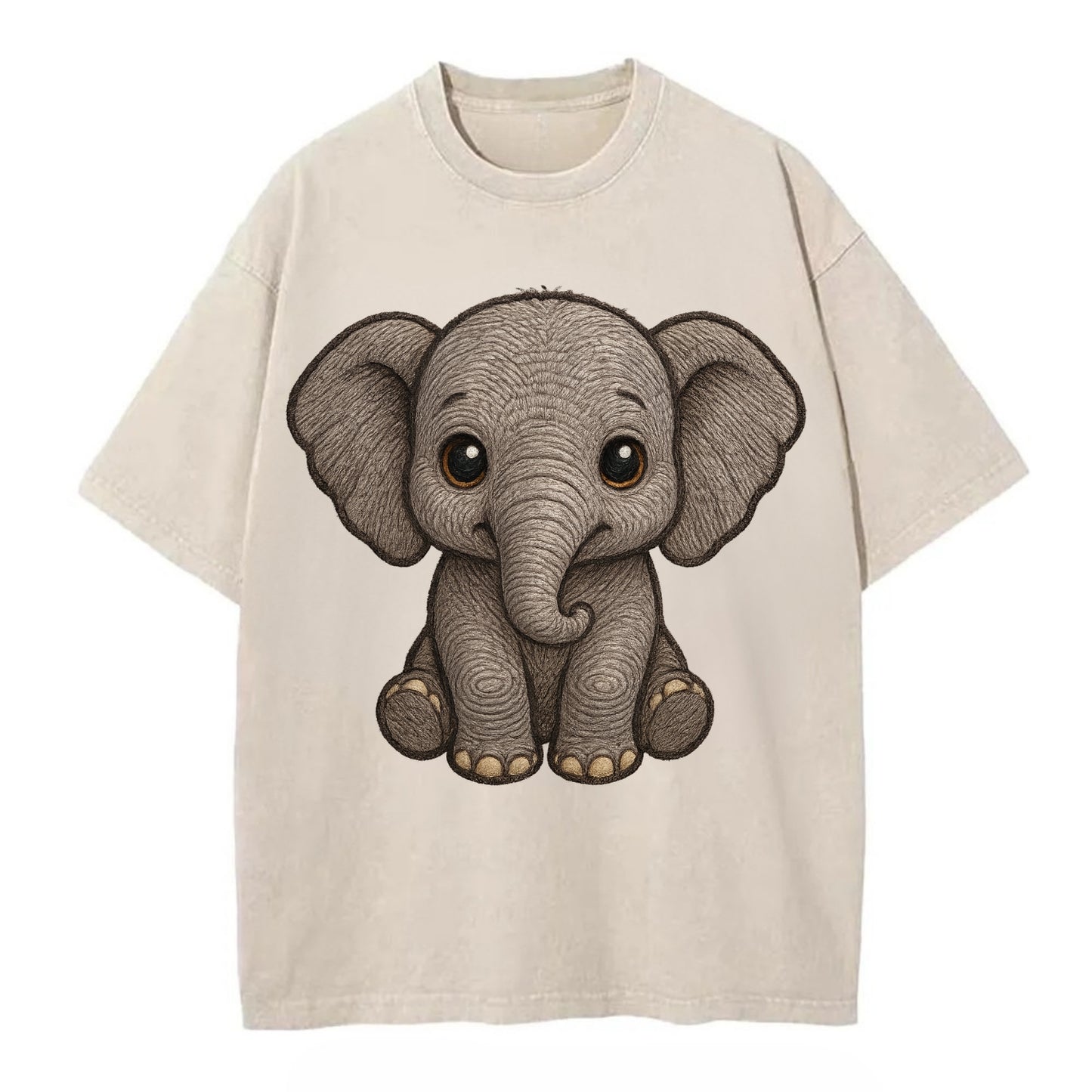 Baby Elephant - gray wrinkly, tiny trunk, large floppy ears, kind dark eyes, - Vintage T-shirt - Off White