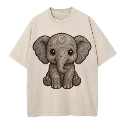 Baby Elephant - gray wrinkly, tiny trunk, large floppy ears, kind dark eyes, - Vintage T-shirt - Off White