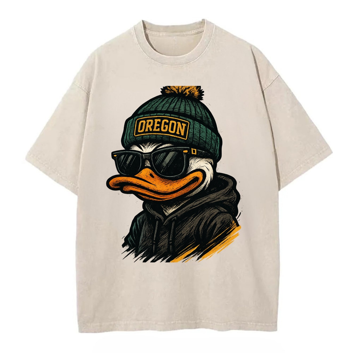 Eugene Duck wearing Oregon beanie with O patch - Vintage T-shirt - Off White