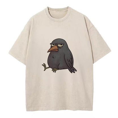 THE CROW JUDGES SILENTLY | Black crow with disapproving look - Vintage T-shirt - Off White
