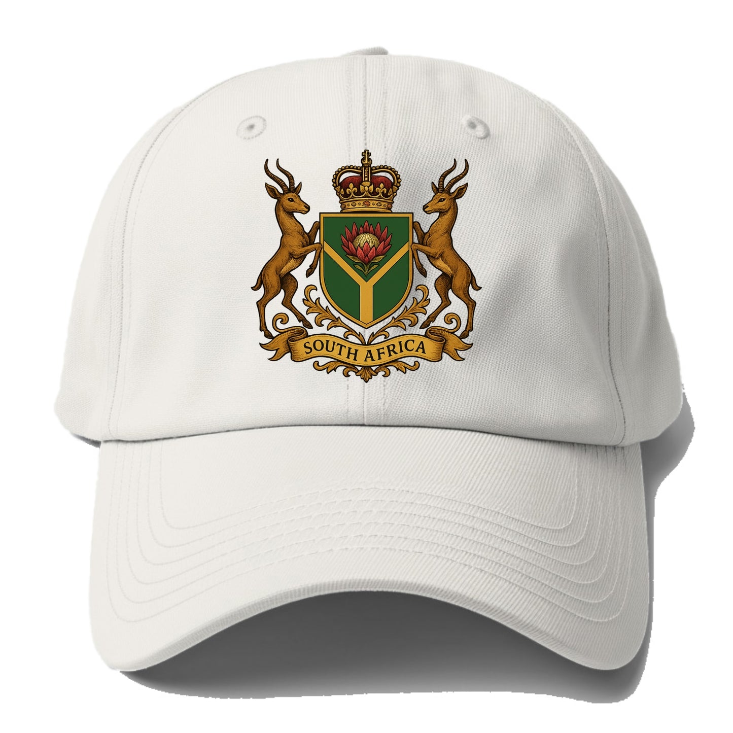 South Africa Springbok Emblem (springbok With Protea, Green/gold Shield) Baseball Cap - Off White