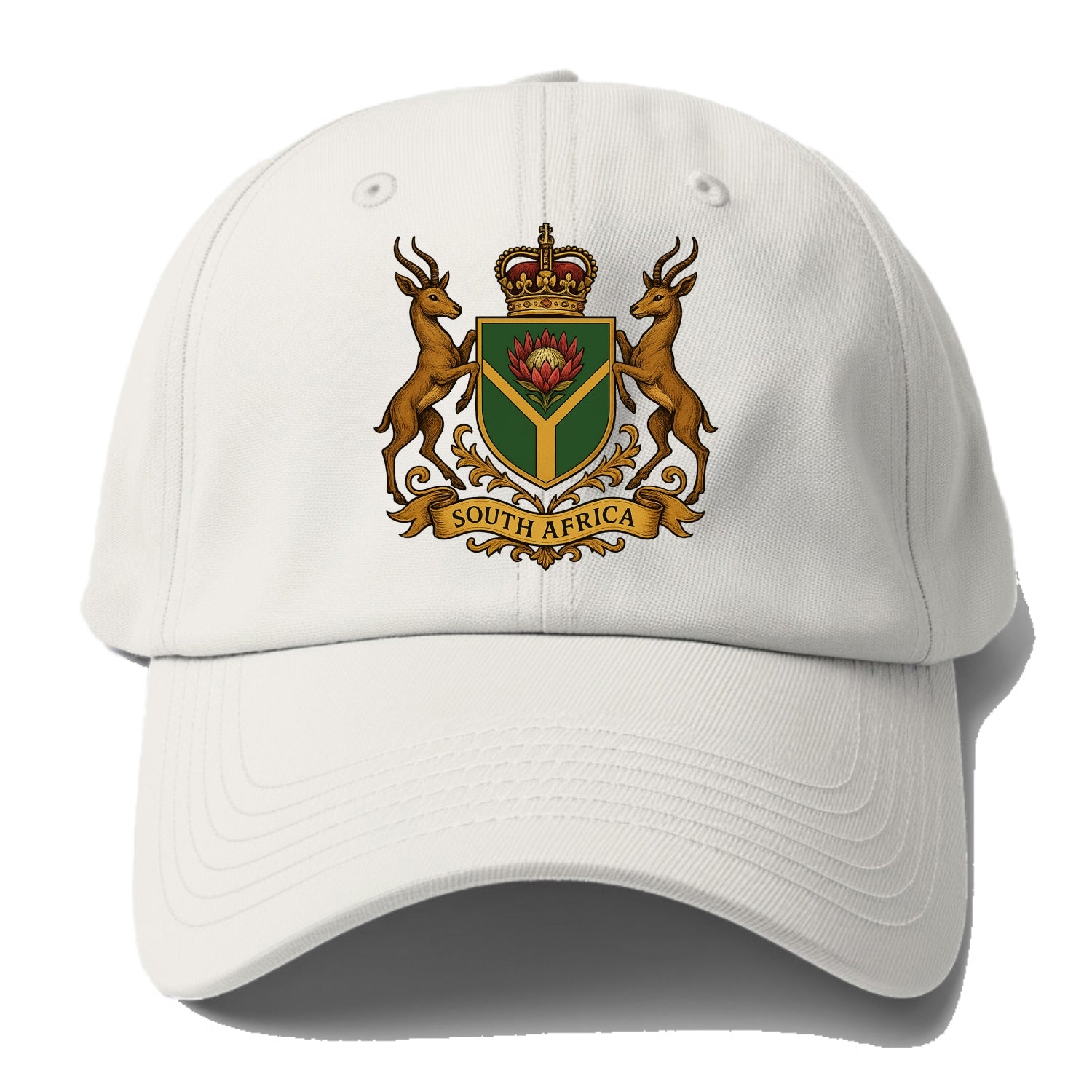 South Africa Springbok Emblem (springbok With Protea, Green/gold Shield) Baseball Cap - Off White