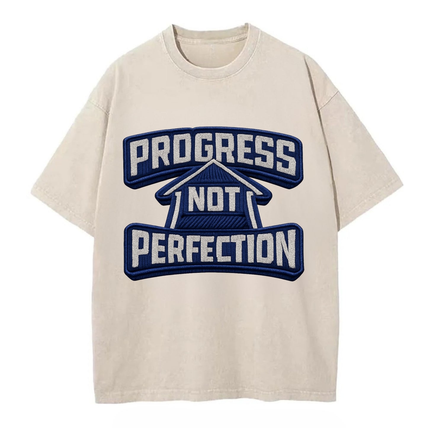 PROGRESS NOT PERFECTION - arrow with text in blue , growth mindset - Vintage T-shirt - Off White
