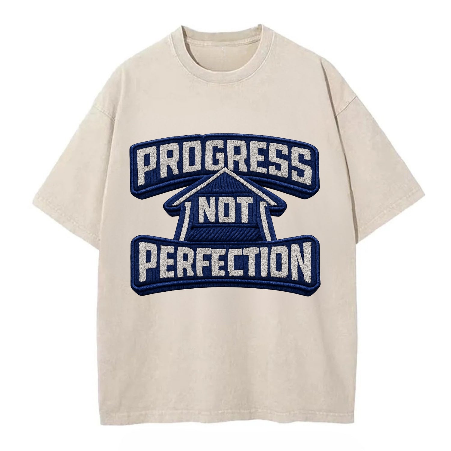 PROGRESS NOT PERFECTION - arrow with text in blue , growth mindset - Vintage T-shirt - Off White
