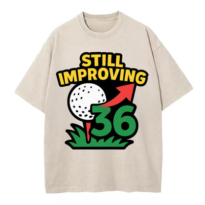 Handicap number getting higher with arrow - "Still Improving" - optimistic - Vintage T-shirt - Off White