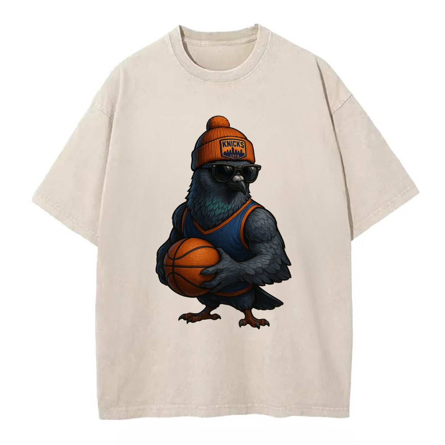 Manhattan Pigeon wearing Knicks beanie with skyline patch and wayfarer sunglasses - Vintage T-shirt - Off White