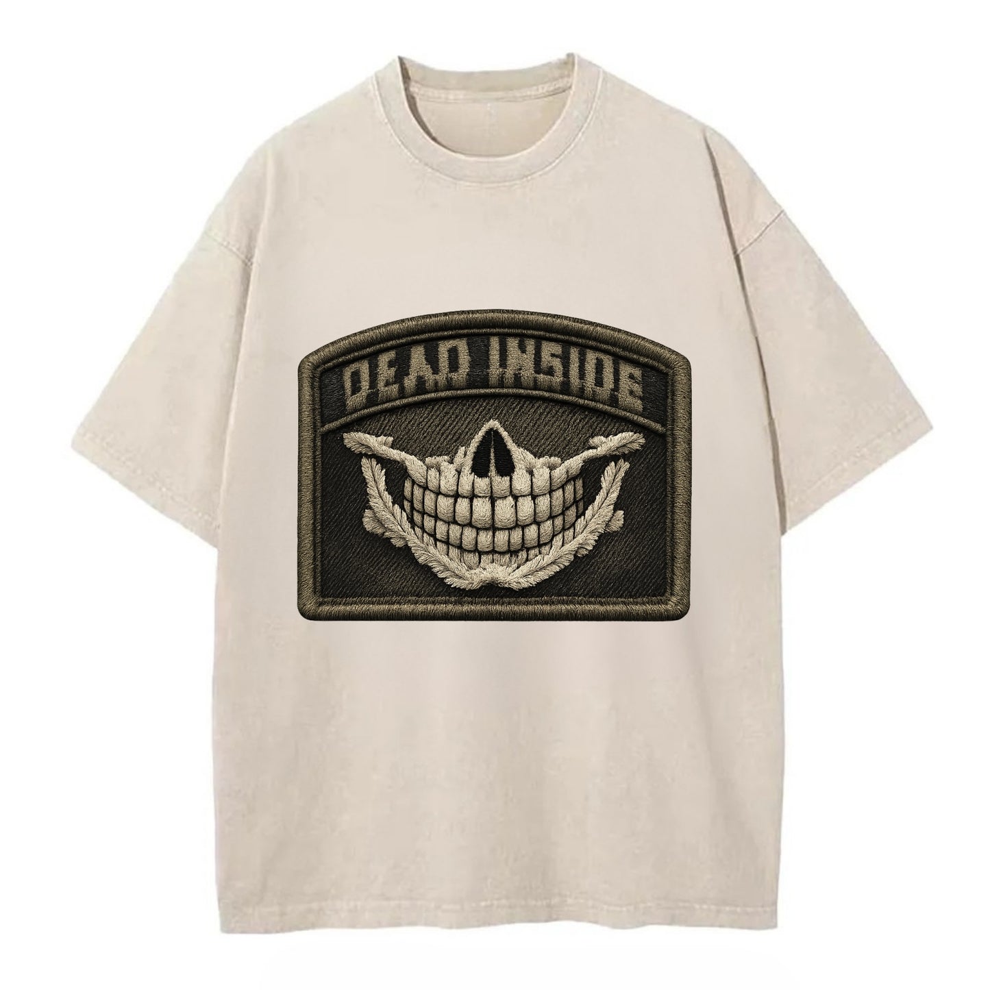 DEAD INSIDE SMILE - skeleton smile in white , dark humor - Vintage T-shirt - Off White