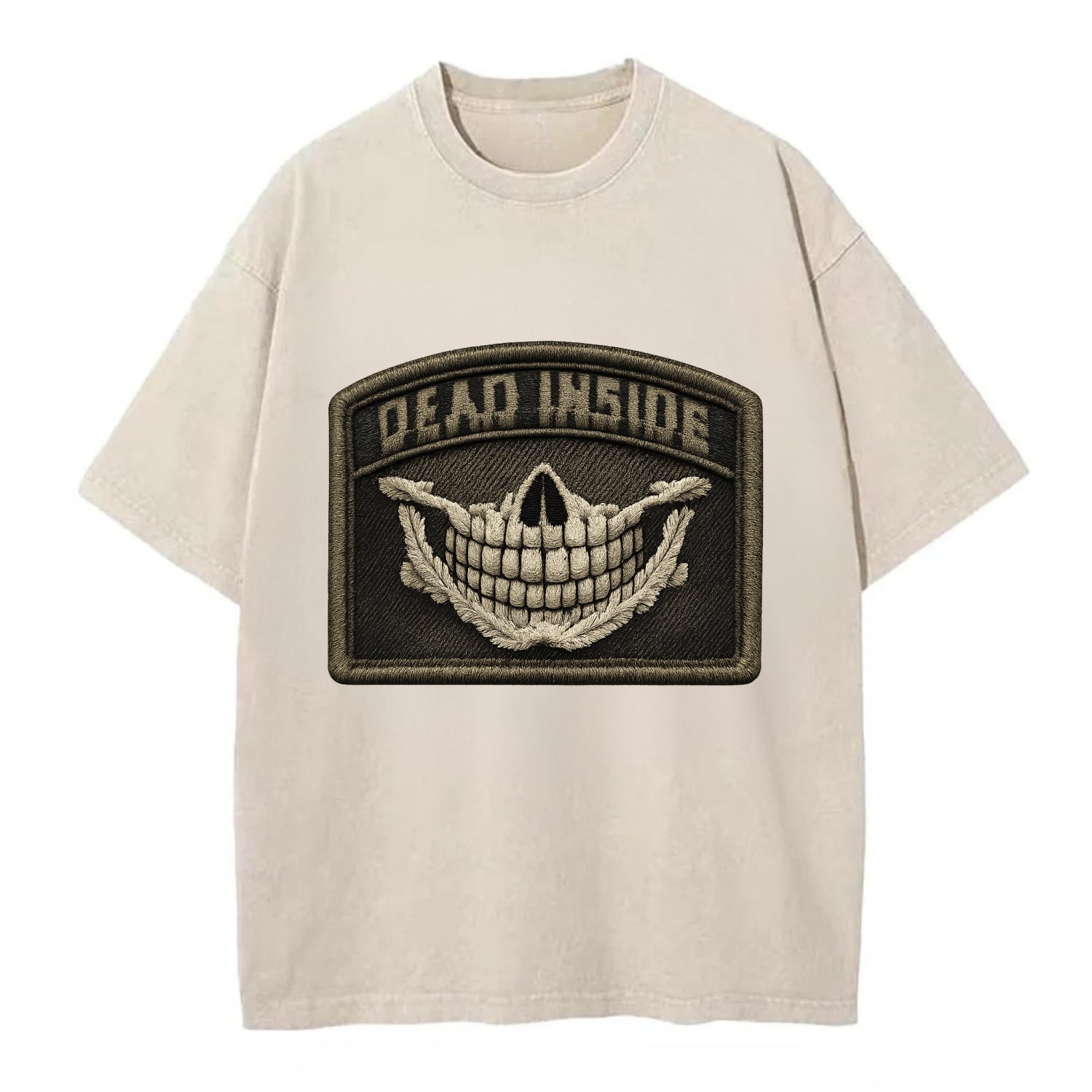DEAD INSIDE SMILE - skeleton smile in white , dark humor - Vintage T-shirt - Off White