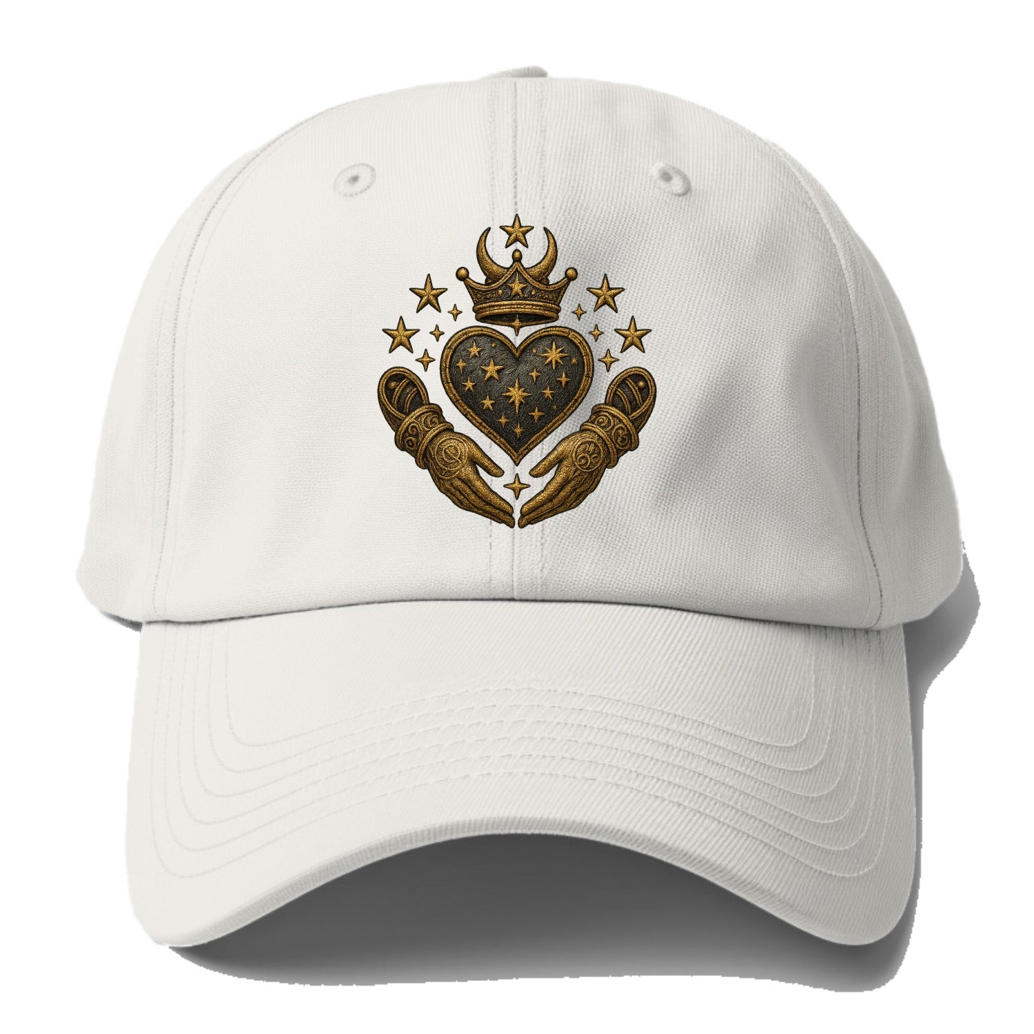 Weathered antique brass crown above a hammered gunmetal heart framed - Baseball Cap For Big Heads - Off White