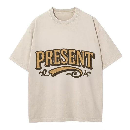 Bold typography design - "PRESENT" - living in the now - Vintage T-shirt - Off White