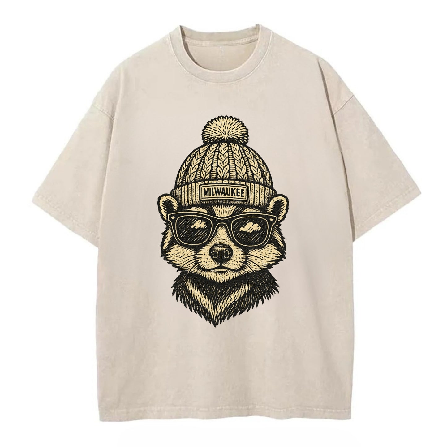 Wisconsin Badger wearing Milwaukee beanie with pom pom and wayfarer sunglasses - Vintage T-shirt - Off White