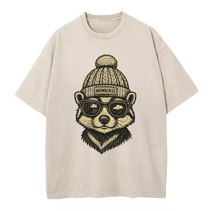 Wisconsin Badger wearing Milwaukee beanie with pom pom and wayfarer sunglasses - Vintage T-shirt - Off White