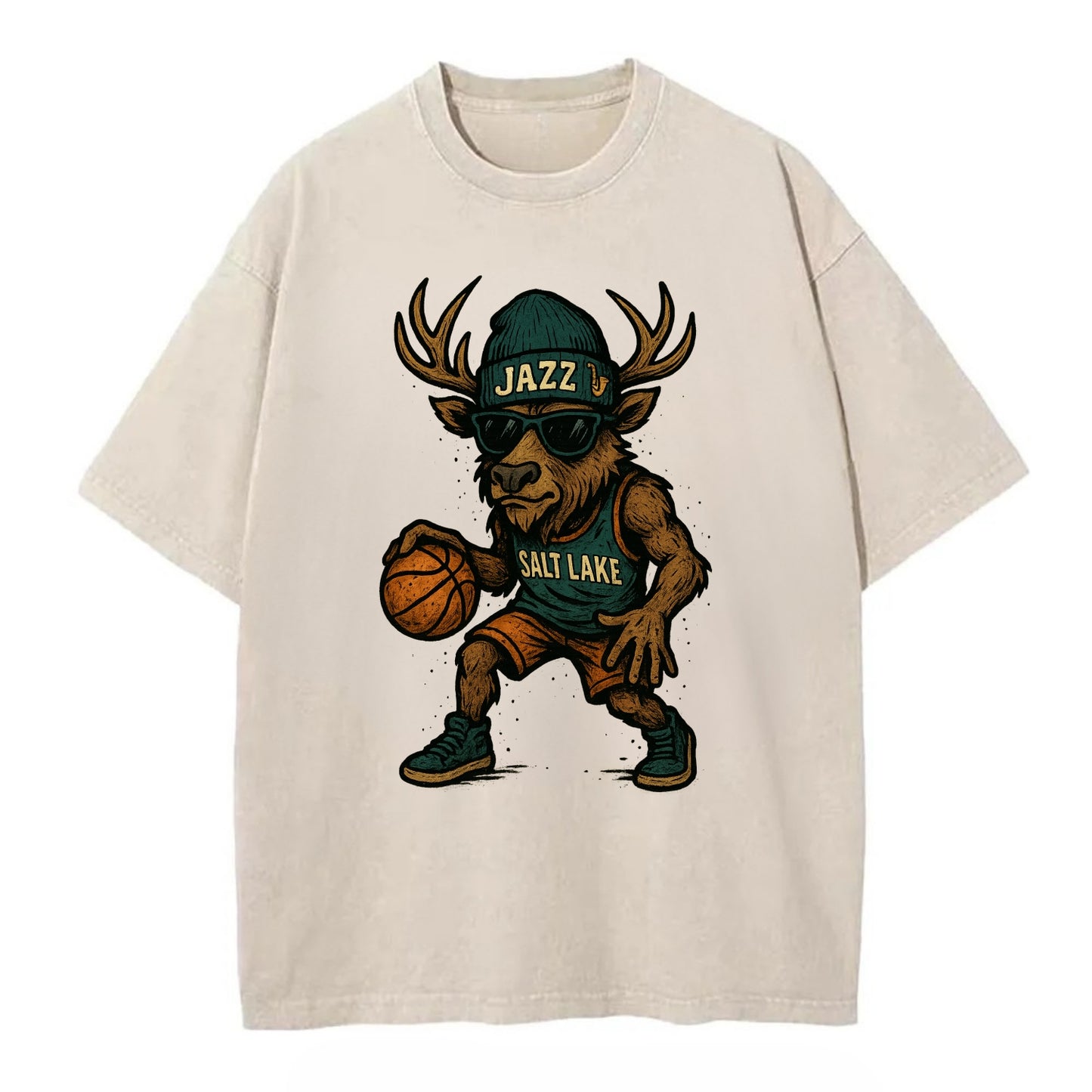 Salt Lake Elk wearing Jazz beanie with saxophone patch and wayfarer sunglasses - Vintage T-shirt - Off White