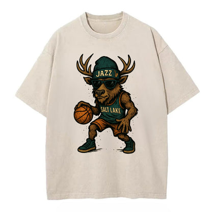 Salt Lake Elk wearing Jazz beanie with saxophone patch and wayfarer sunglasses - Vintage T-shirt - Off White