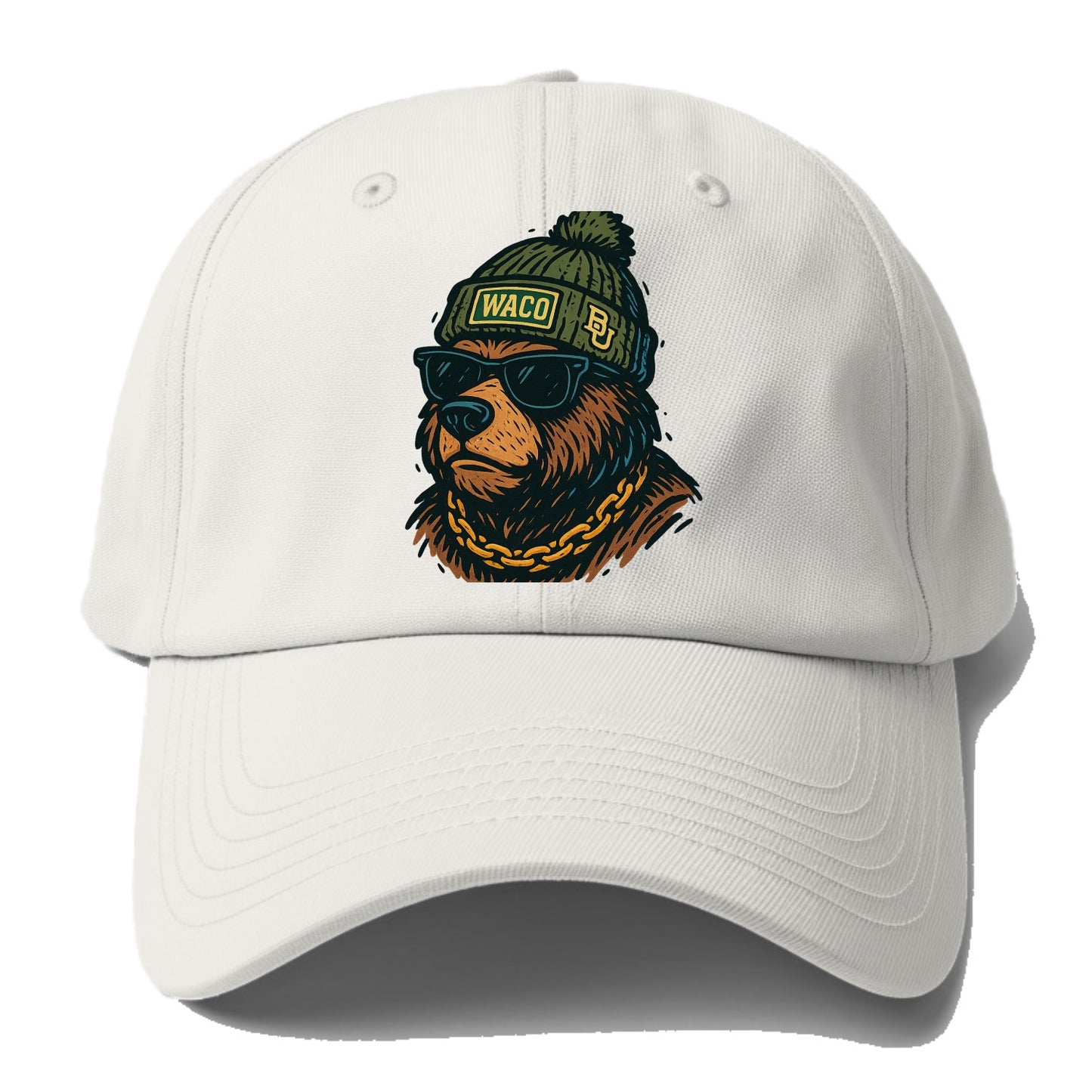 Waco Bear wearing Baylor beanie with BU patch - Baseball Cap For Big Heads - Off White
