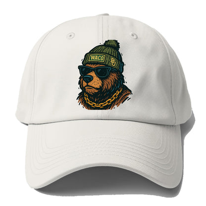 Waco Bear wearing Baylor beanie with BU patch - Baseball Cap For Big Heads - Off White