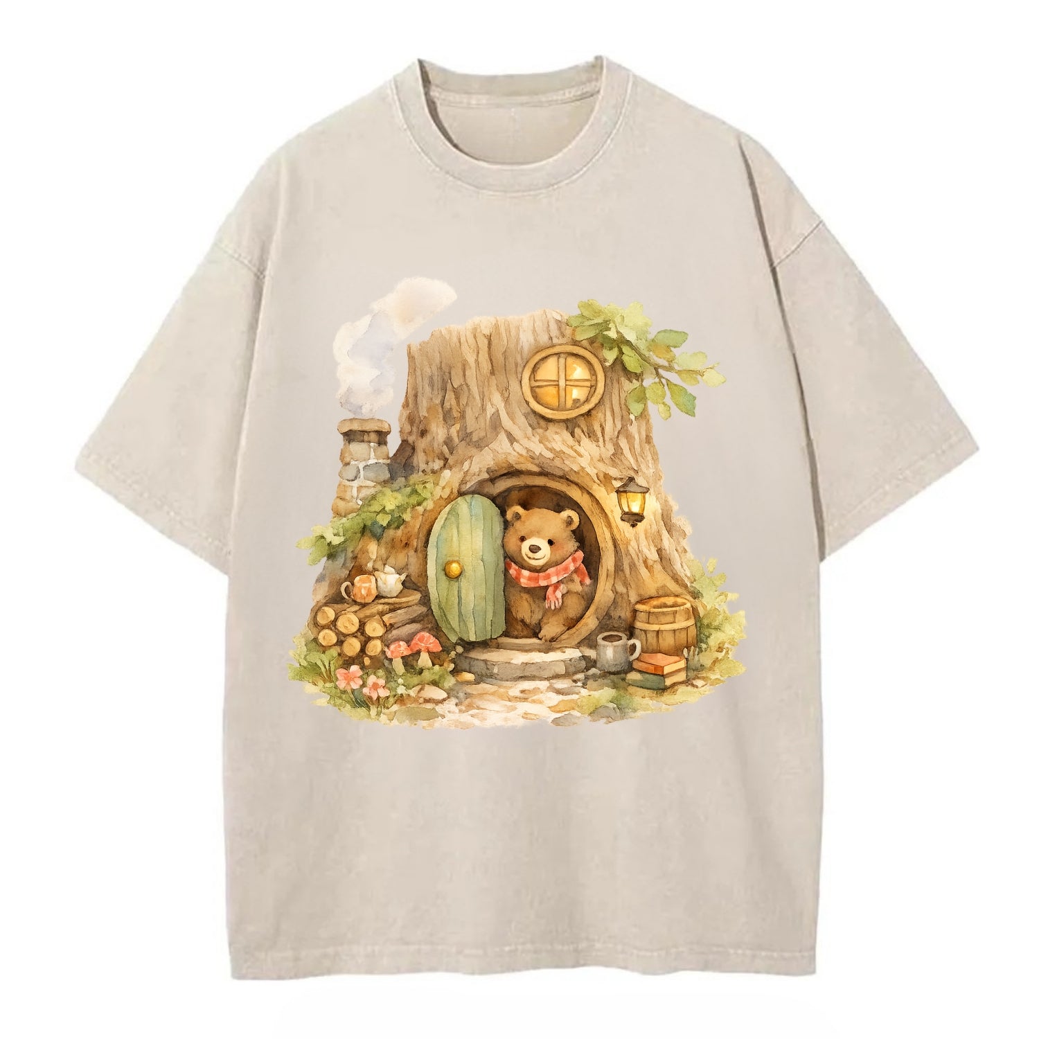 TREE HOME | Bear's home in hollow tree | Round door | Chimney smoke | Woodland - Vintage T-shirt - Off White