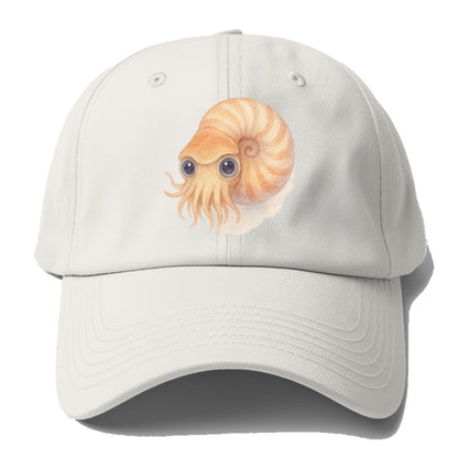 Baby Nautilus - spiral shell, tentacles peeking, ancient eyes, front-facing, living - Baseball Cap - Off White