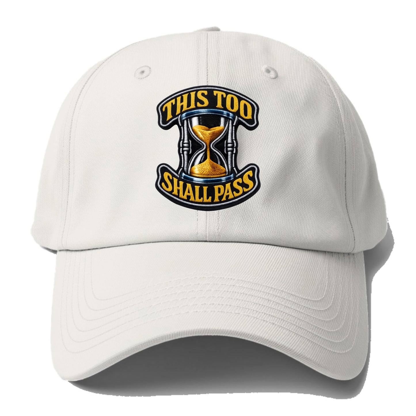 THIS TOO SHALL PASS - hourglass with text in gold , perspective - Baseball Cap For Big Heads - Off White