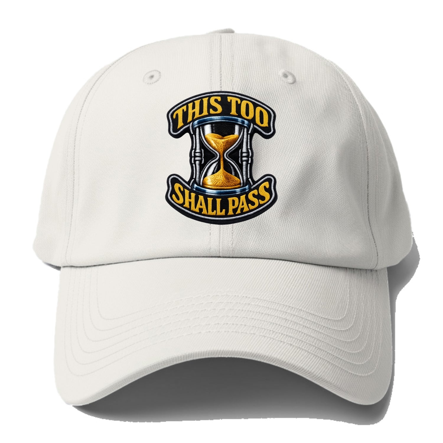 THIS TOO SHALL PASS - hourglass with text in gold , perspective - Baseball Cap For Big Heads - Off White