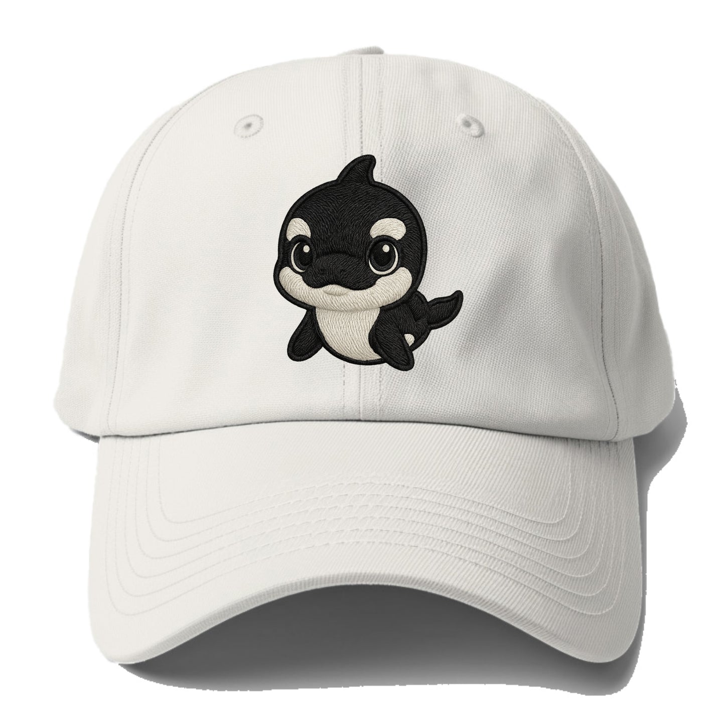 Baby Orca - black and white pattern, white eye patch, front-facing, - Baseball Cap For Big Heads - Off White