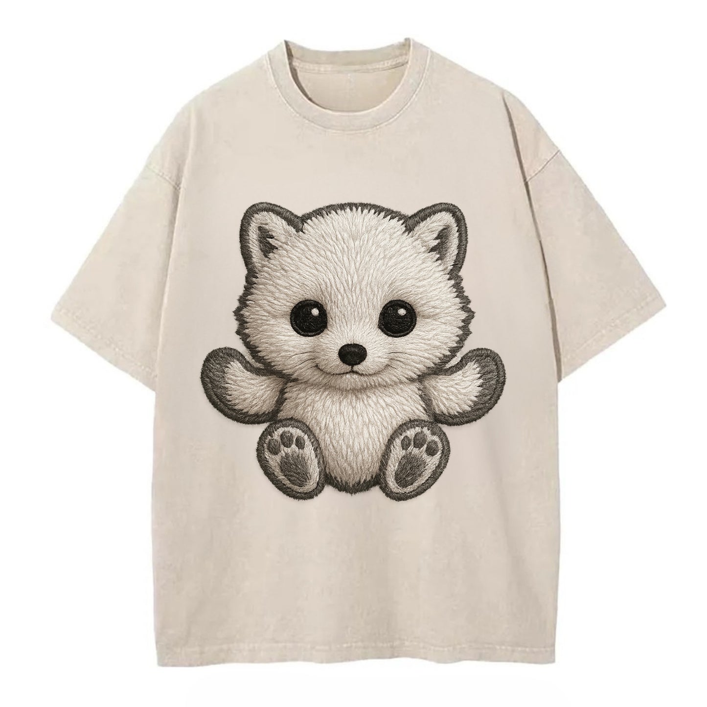 Baby Arctic Fox - white fluffy, tiny black nose, bright curious eyes, - Vintage T-shirt - Off White