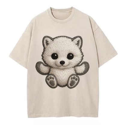 Baby Arctic Fox - white fluffy, tiny black nose, bright curious eyes, - Vintage T-shirt - Off White
