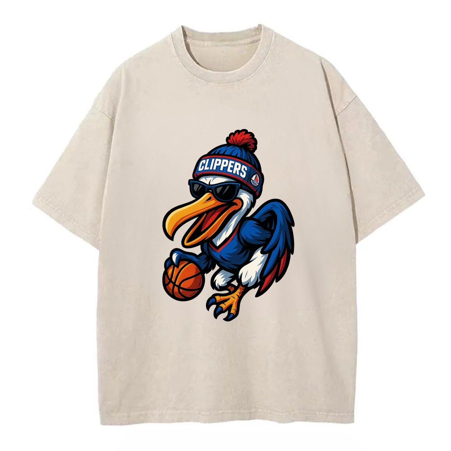 Los Angeles Pelican wearing Clippers beanie with sailboat patch and wayfarer - Vintage T-shirt - Off White