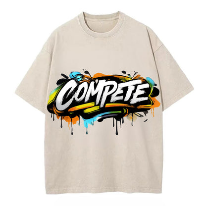 Bold typography design - "COMPETE" - competitive spirit, love the game - Vintage T-shirt - Off White