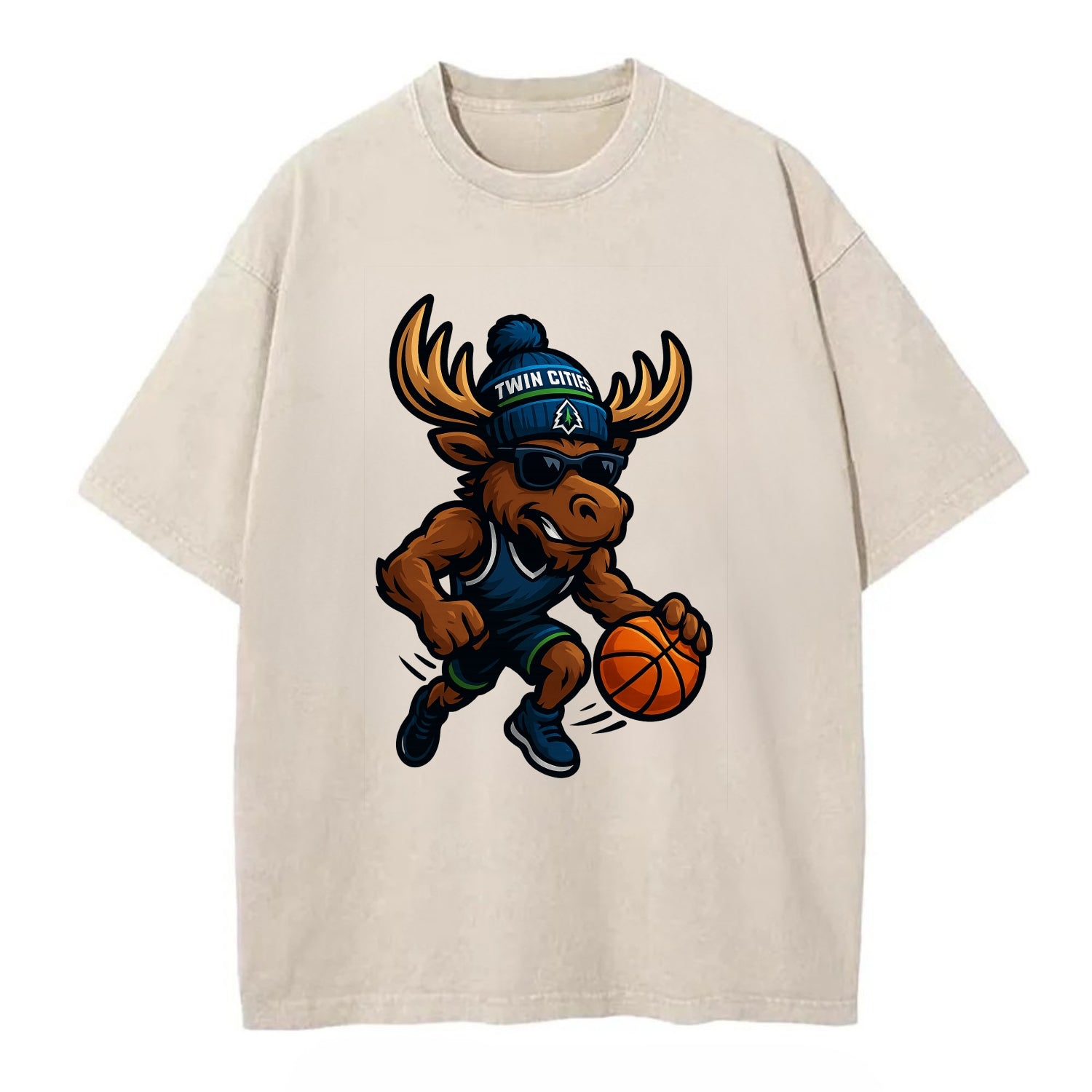 Twin Cities Moose wearing Timberwolves beanie with pine tree patch and wayfarer - Vintage T-shirt - Off White