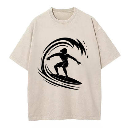 Hawaiian surfer riding big wave - Vintage T-shirt - Off White