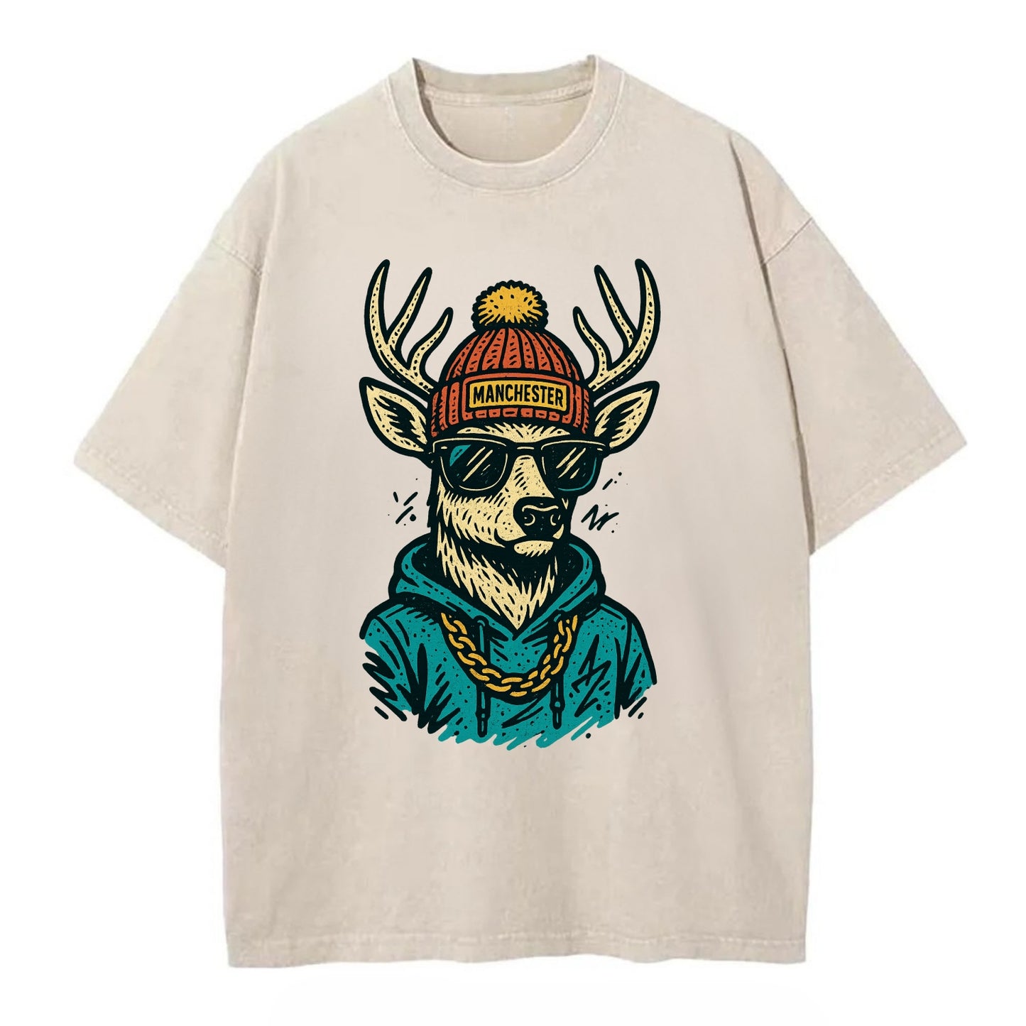 New Hampshire White-tailed Deer wearing Manchester beanie with pom pom and - Vintage T-shirt - Off White