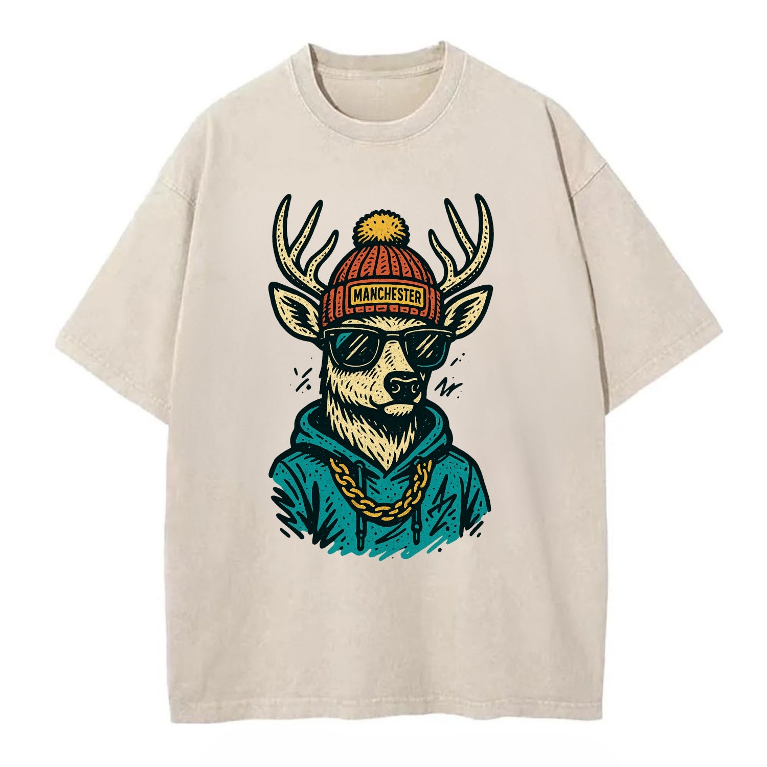 New Hampshire White-tailed Deer wearing Manchester beanie with pom pom and - Vintage T-shirt - Off White