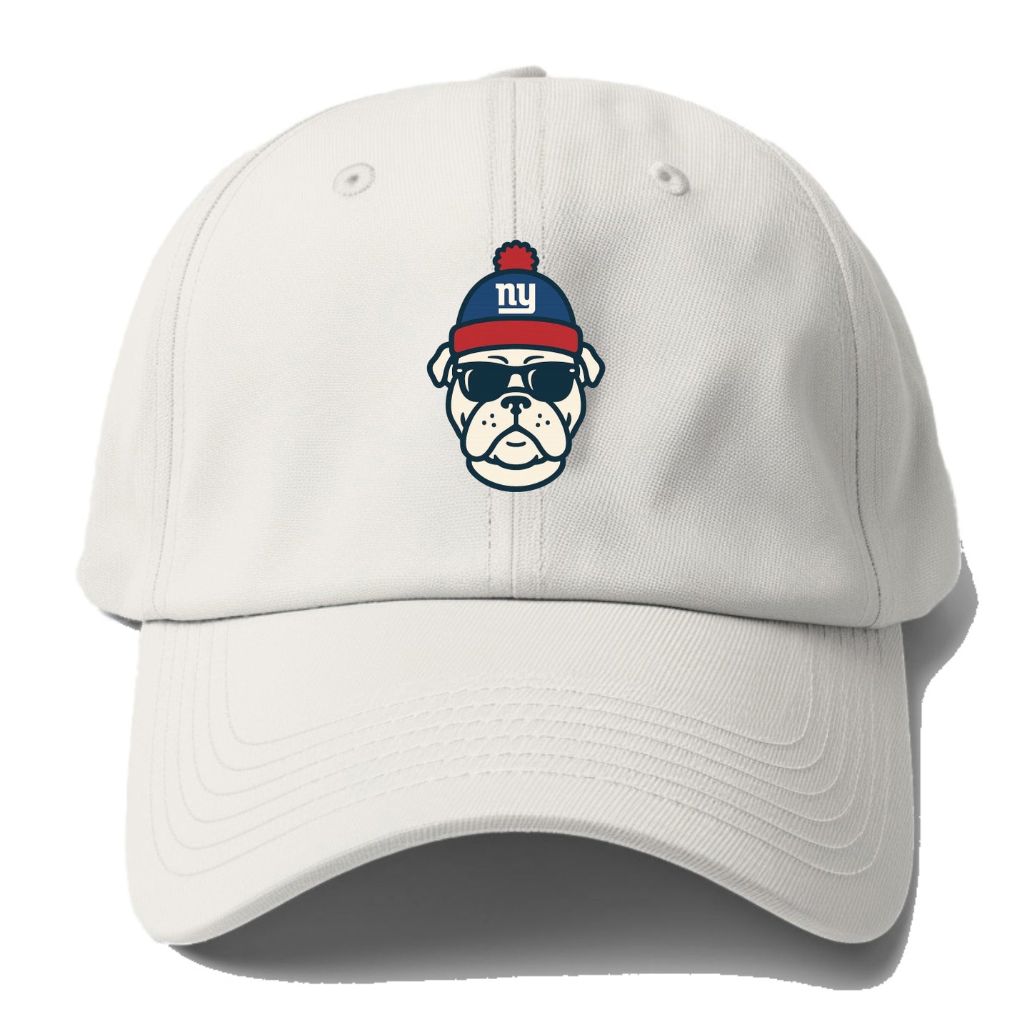 New York Bulldog wearing Giants blue and red beanie with pom pom and wayfarer - Baseball Cap - Off White